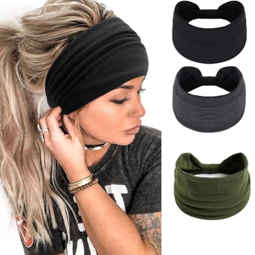 Melodio 3 Pack Wide Headbands for Women, Soft Stretchy Non Slip Hair Bands, Turban Knotted Head Wraps, Elastic Sweatbands for Yoga Sports, Fashion Boho Hair Accessories - Image 1