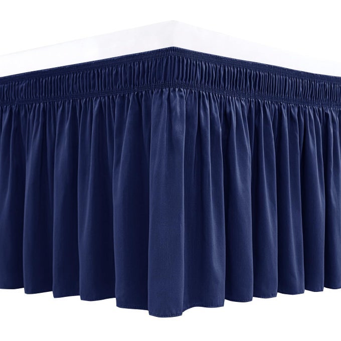 WRAP AROUND BED SKIRTS FOR QUEEN BEDS 16 DROP NAVY ADJUSTABLE ELASTIC DUST RUFFLES EASY FIT WRINKLE FADE RESISTANT SILKY LUXURIOUS FABRIC SOLID MACHINE WASHABLE