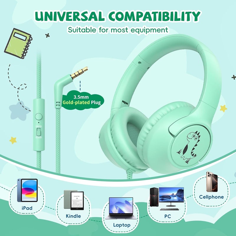 Botesty Sound Kids Headphones with Cord, 85/94dB Volume Limit, Wired Over-Ear Headphones for Kids Boys Girls with Microphone, 4.9ft Long No-Tangle Cord, Stereo Sound 3.5mm Plug for Kindle Tablet School, Green - Image 2