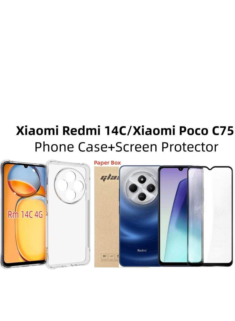 [1+1 Sets] For Xiaomi Redmi 14C 4G/ Xiaomi Poco C75 4G Case & Screen Protector Crystal Clear Ultra Slim Anti Scratch Shockproof Protective TPU Back Cover with Tempered Glass Screen Protector - Image 1