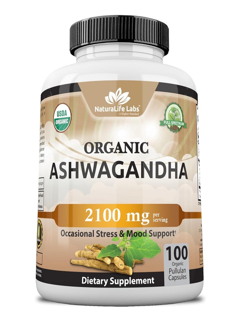 NaturaLife Labs Organic Ashwagandha 2,100 mg - 100 Vegan Capsules Pure Organic Ashwagandha Powder with Black Pepper Extract - Natural Anxiety Relief, Mood Enhancer, Immune & Thyroid Support, Anti Anxiety - Image 1