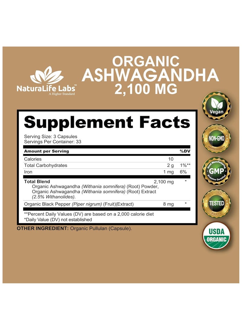 NaturaLife Labs Organic Ashwagandha 2,100 mg - 100 Vegan Capsules Pure Organic Ashwagandha Powder with Black Pepper Extract - Natural Anxiety Relief, Mood Enhancer, Immune & Thyroid Support, Anti Anxiety - Image 2