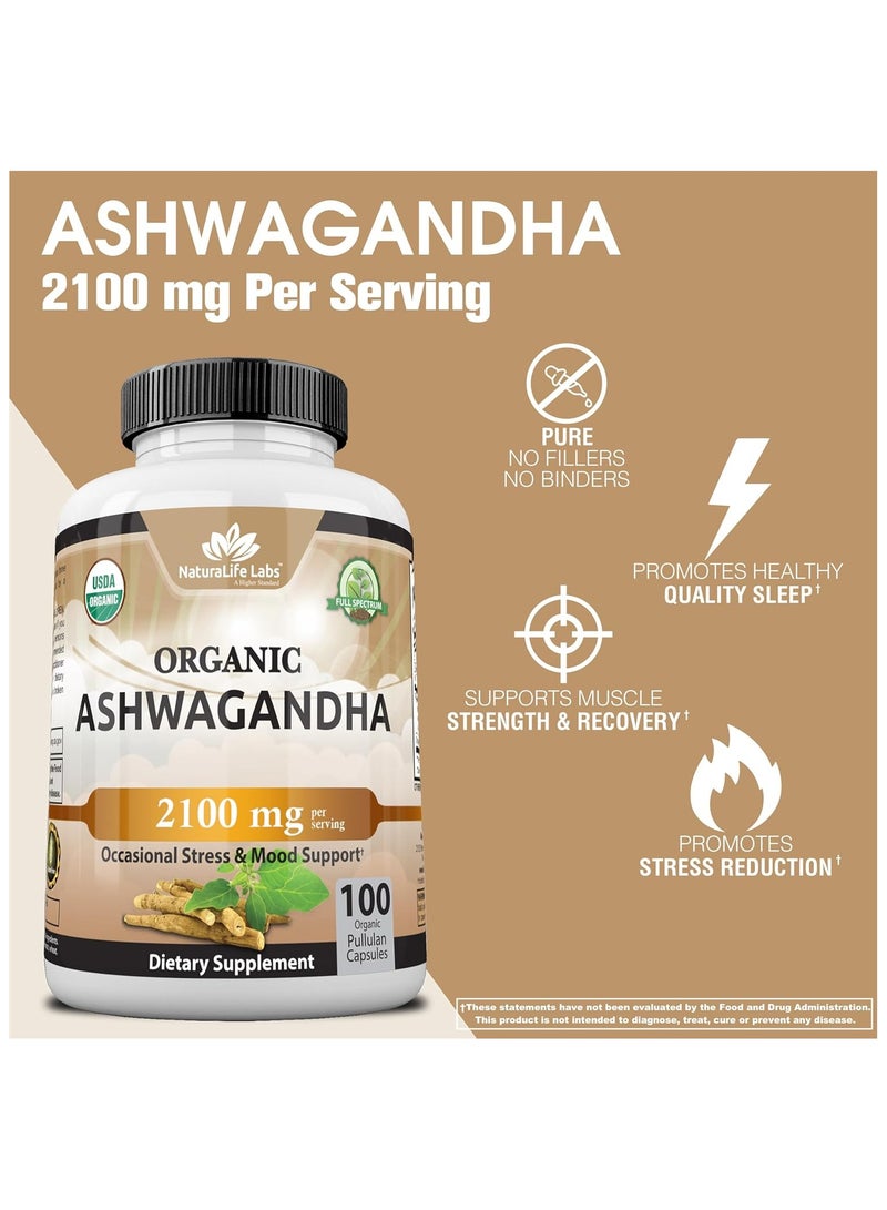 NaturaLife Labs Organic Ashwagandha 2,100 mg - 100 Vegan Capsules Pure Organic Ashwagandha Powder with Black Pepper Extract - Natural Anxiety Relief, Mood Enhancer, Immune & Thyroid Support, Anti Anxiety - Image 3
