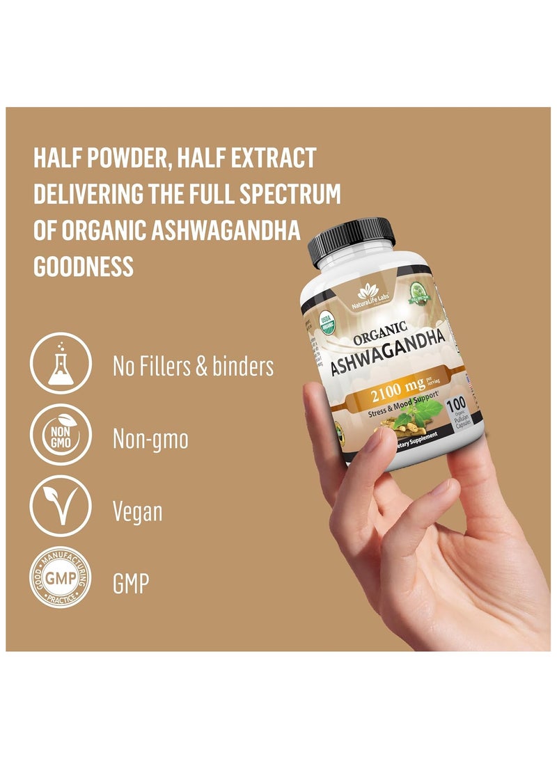 NaturaLife Labs Organic Ashwagandha 2,100 mg - 100 Vegan Capsules Pure Organic Ashwagandha Powder with Black Pepper Extract - Natural Anxiety Relief, Mood Enhancer, Immune & Thyroid Support, Anti Anxiety - Image 4