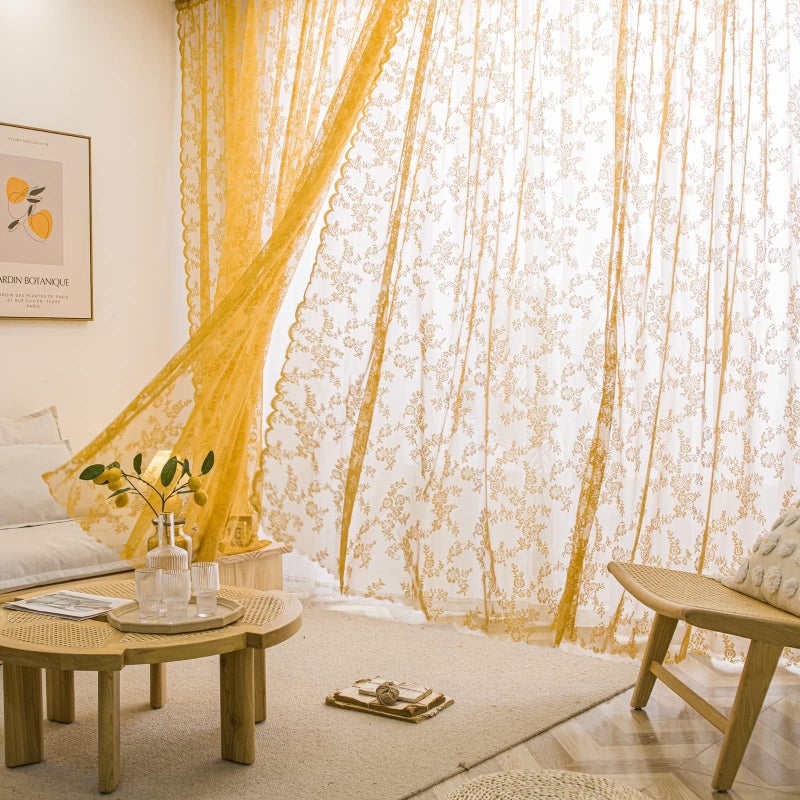 Deeprove Gold Lace Sheer Curtains 72 inches Length 2 Panels Set  Florals Embroidery Privacy Window Treatment Pair Decor Drapes for Fall Autumn Thanksgiving Bedroom Living Room  Rod Pocket  W57 x L72 - Image 1