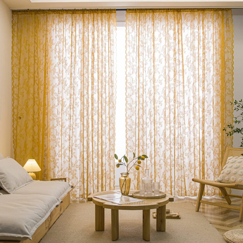 Deeprove Gold Lace Sheer Curtains 72 inches Length 2 Panels Set  Florals Embroidery Privacy Window Treatment Pair Decor Drapes for Fall Autumn Thanksgiving Bedroom Living Room  Rod Pocket  W57 x L72 - Image 4