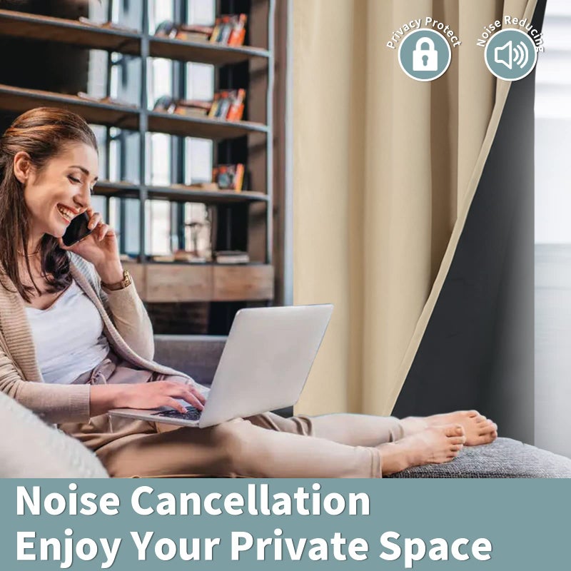 BGment Thermal Insulated 100% Blackout Curtains for Bedroom with Black Liner  Double Layer Full Room Darkening Noise Reducing Rod Pocket Curtain (42 x 63 Inch  Beige  2 Panels) - Image 5