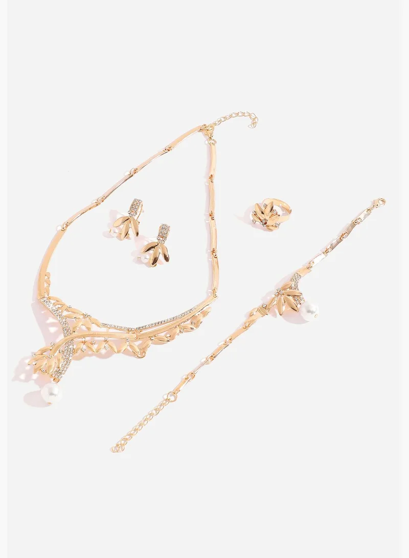 SOHI Gold Plated Designer Stone Necklace, Earring, Ring and Bracelet Set