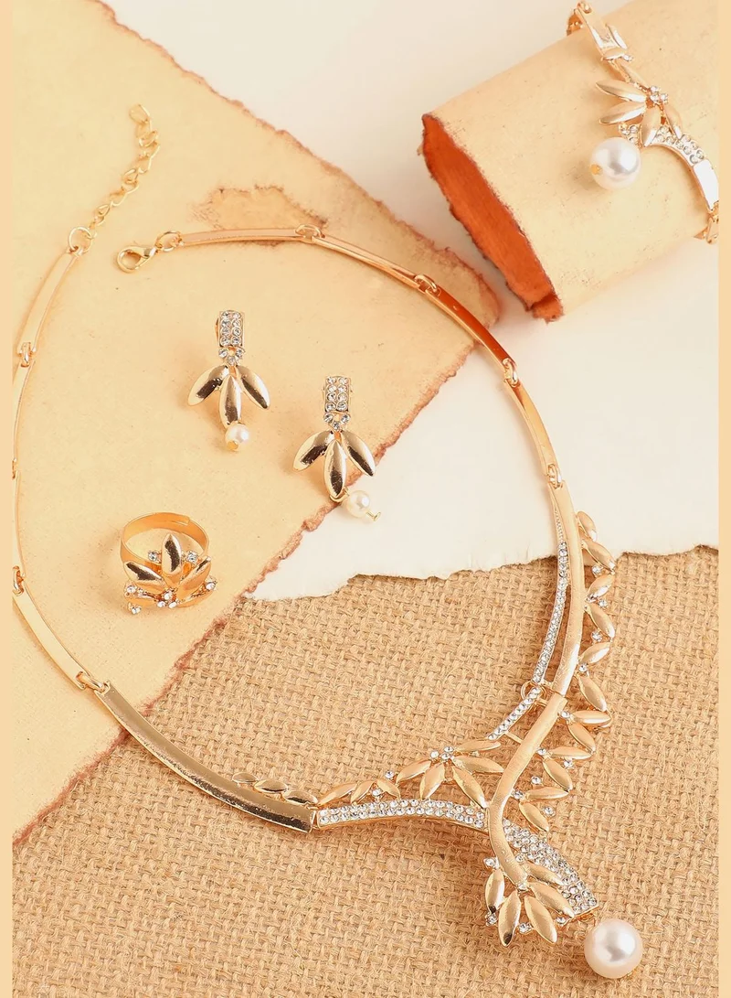 SOHI Gold Plated Designer Stone Necklace, Earring, Ring and Bracelet Set
