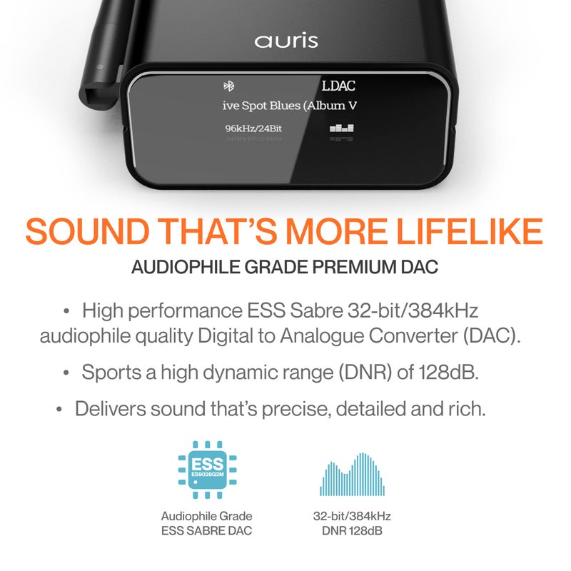 Auris Blume Pro HiFi Bluetooth 5.3 Music Receiver Long Range Bluetooth Adapter with Audiophile DAC, LDAC, aptX HD, OLED Display & Optical Coaxial AUX Output for Home Stereo, AV Receiver or Amplifier - Image 4