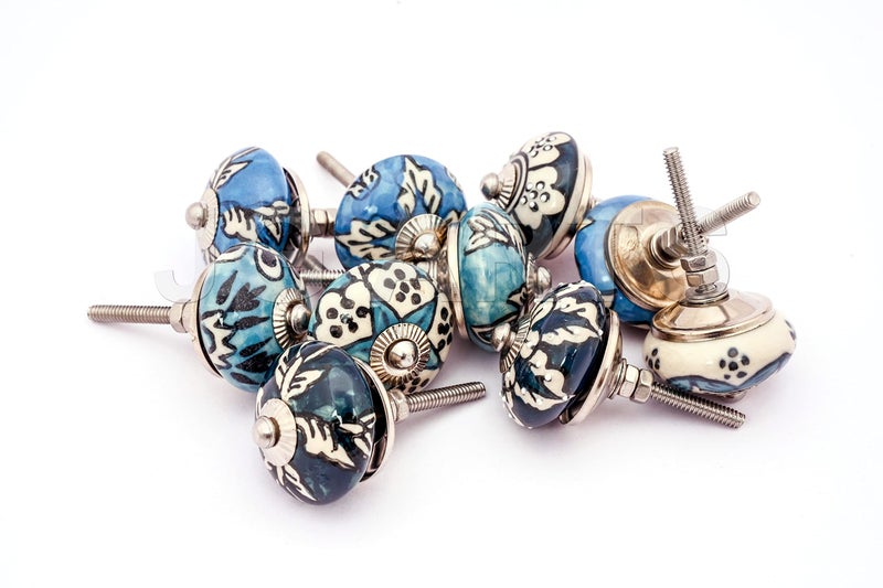 JGARTS 20 Ornate Aqua Blue Green Assorted Colour Floral Ceramic Knobs for Cabinets Cupboards Hand Painted Pulls