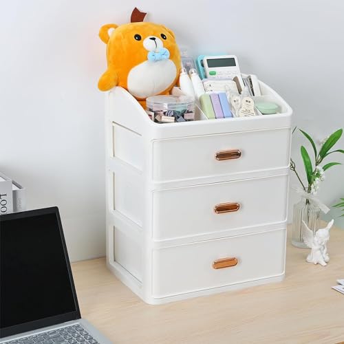 HOME CUBE Plastic Desktop Storage Organiser With 3 Drawers,Countertop Organizer,Desktop Storage Box,Cosmetic Storage Organizer,Desk Supplies Organiser For Home,Office,Work,Stationery Organiser,White - Image 1