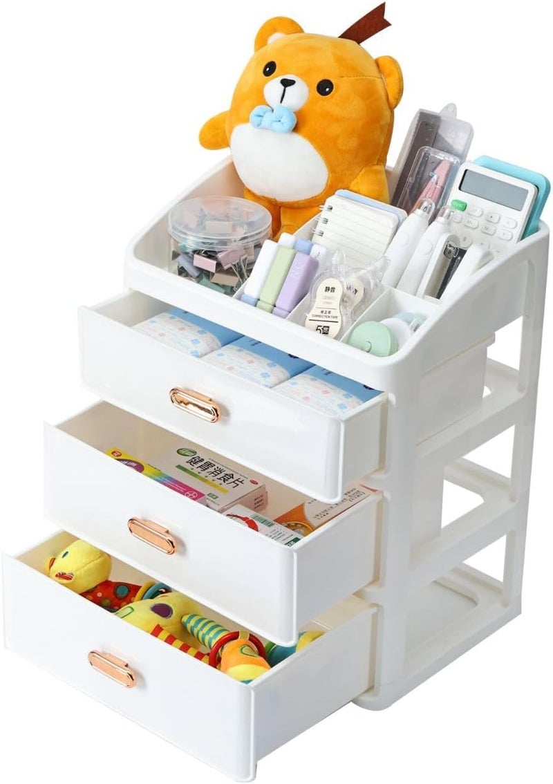 HOME CUBE Plastic Desktop Storage Organiser With 3 Drawers,Countertop Organizer,Desktop Storage Box,Cosmetic Storage Organizer,Desk Supplies Organiser For Home,Office,Work,Stationery Organiser,White - Image 2