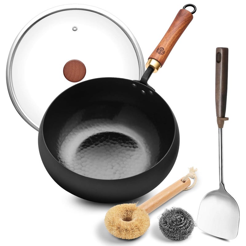 WANGYUANJI Wrought Iron Flat Bottom Wok with Glass Lid  Detachable Wooden Handle NonCoated Naturally Nonstick Frying Pan for Gas Electric  Induction Stoves Black DeepBowl Wok 95 inch