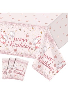 Breling 3 Pieces Pink And Rose Gold Party Decorations Happy Birthday Tablecloths Birthday Party Table Cloths Plastic Disposable Table Cover For Girl Women Sweet 16 Birthday Party Supplies 54 X 108 Inches  - Image 1