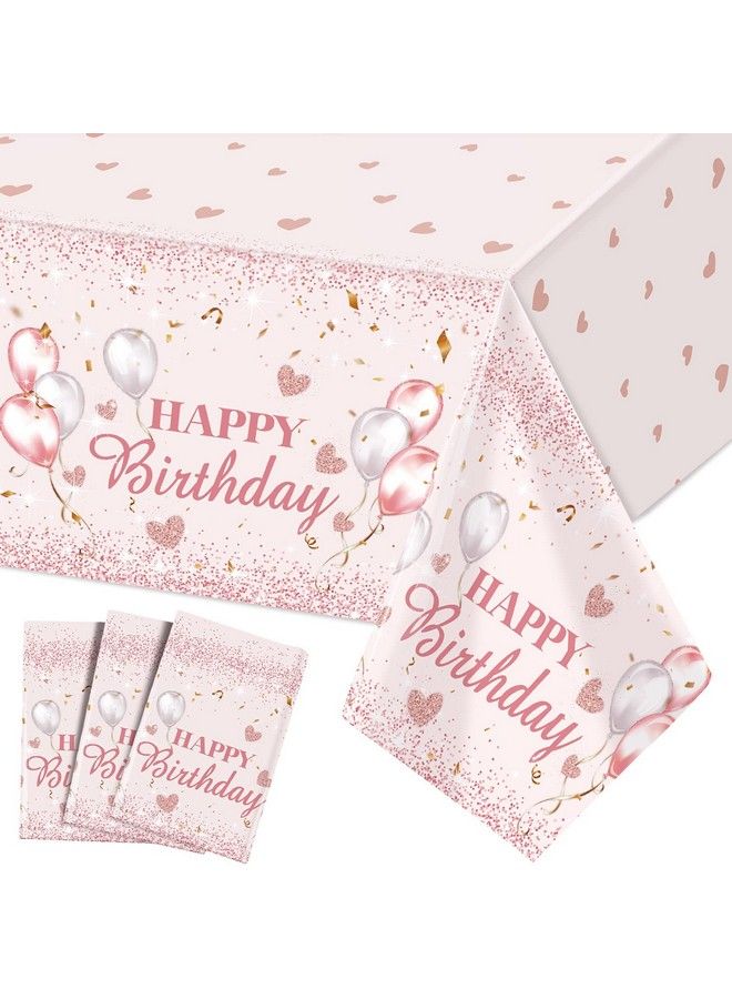 Breling 3 Pieces Pink And Rose Gold Party Decorations Happy Birthday Tablecloths Birthday Party Table Cloths Plastic Disposable Table Cover For Girl Women Sweet 16 Birthday Party Supplies 54 X 108 Inches - Image 1