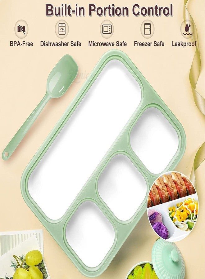 PRIVERA Leak Proof 4 Compartment Lunch Box Reusable Microwave Freezer Safe Food Containers with Spoon for Adults and Kids (1Pc - Multicolor) PP Food Grade Plastic (Green) - Image 2