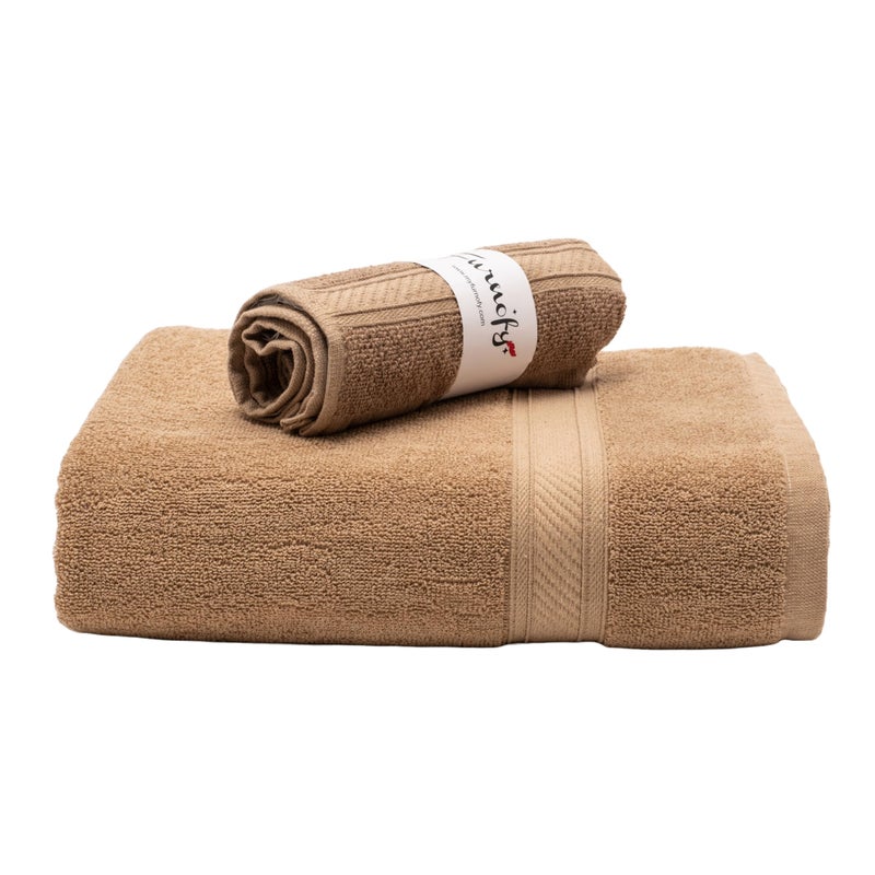 Furnofy 450 GSM Cotton Towel Set of 2, 1 Bath (70x140 cm) 1 Hand (40x60 cm), Highly Absorbent and Soft Bathroom Towels (Pack of 2 - Beige) - Image 1