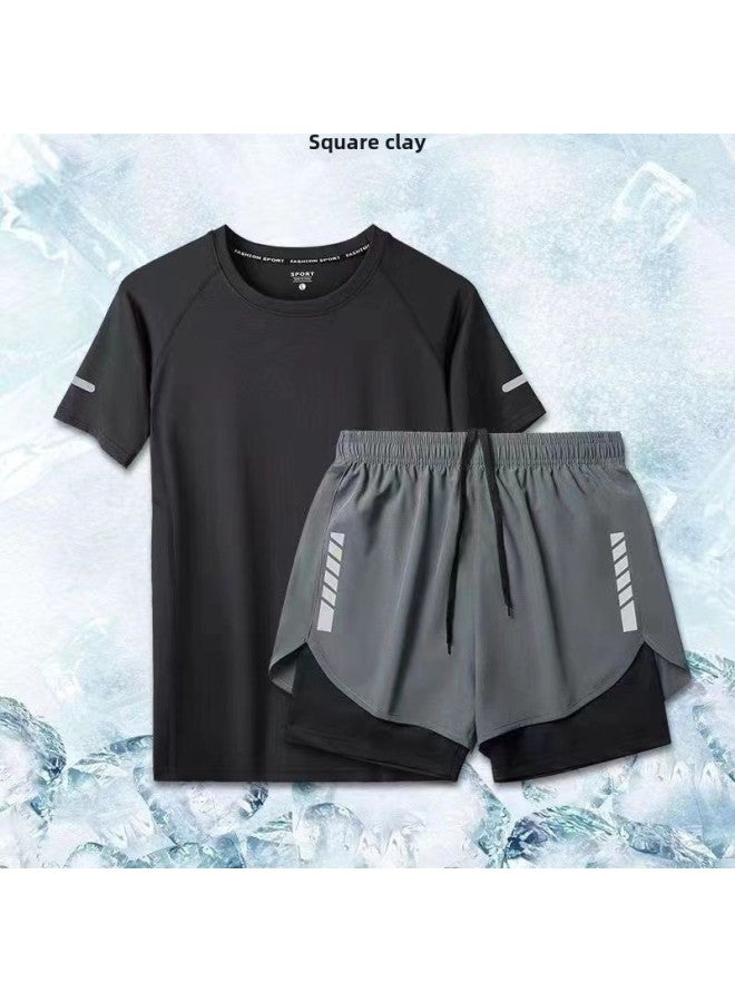 Generic Men's Swimwear Suit Surfing Sun-proof Hot Spring Bounty Swimming Trunks Casual Sports Anti-light Three-part Pants-Color:Swimsuit Suit [black T-shirt + Gray Shorts]-Size:Within Xl 62.5kg - Image 2