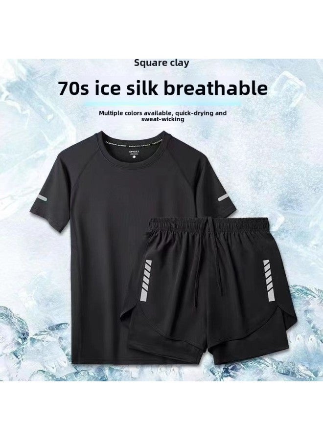 Generic Men's Swimwear Suit Surfing Sun-proof Hot Spring Bounty Swimming Trunks Casual Sports Anti-light Three-part Pants-Color:Swimsuit Suit [black T-shirt + Gray Shorts]-Size:Within Xl 62.5kg - Image 3