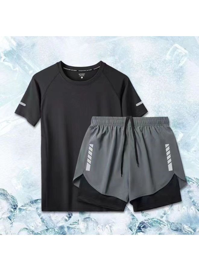 Generic Men's Swimwear Suit Surfing Sun-proof Hot Spring Bounty Swimming Trunks Casual Sports Anti-light Three-part Pants-Color:Swimsuit Suit [black T-shirt + Gray Shorts]-Size:Within Xl 62.5kg - Image 1
