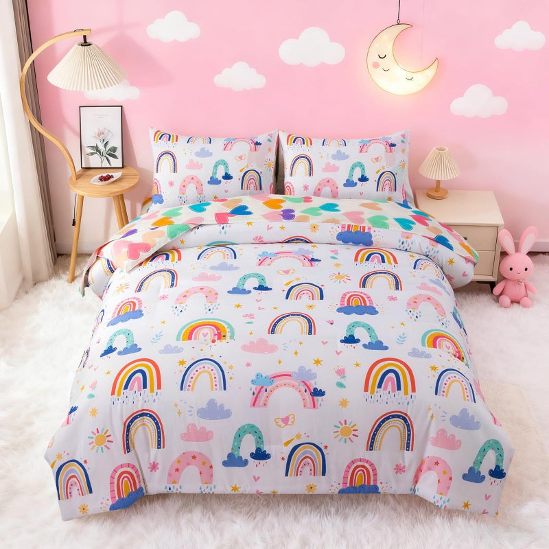 Btargot Lightweight Soft 3 Piece Rainbow Comforter Set with 2 Pillow Covers, Cartoon Leaves Flowers and Sun Star Bedding Set for Girls Boys Kids, Full White - Image 1