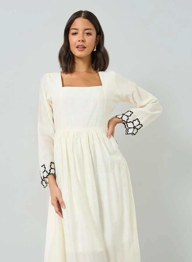 Styli  Cream Floral Embroidery Square Neck Midi Dress for Women | Best Price UAE