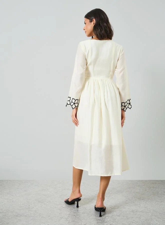 Styli  Cream Floral Embroidery Square Neck Midi Dress for Women | Best Price UAE