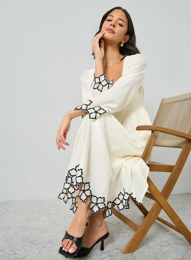 Styli  Cream Floral Embroidery Square Neck Midi Dress for Women | Best Price UAE