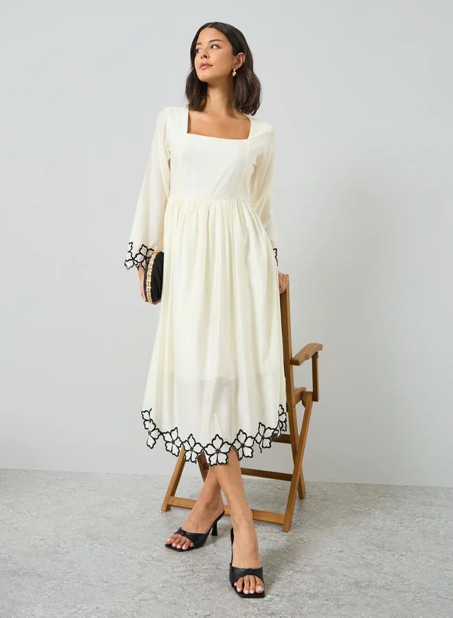Cream Floral Embroidery Square Neck Midi Dress