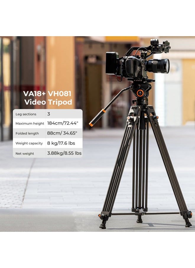K&F Concept 72-inch Professional Video Tripod, Heavy Duty Aluminum Tube Tripod with Fluid Head Max Loading Capacity 8KG/17.6LBS for DSLR Camcorders Camera VA18+ VH081  - Image 2