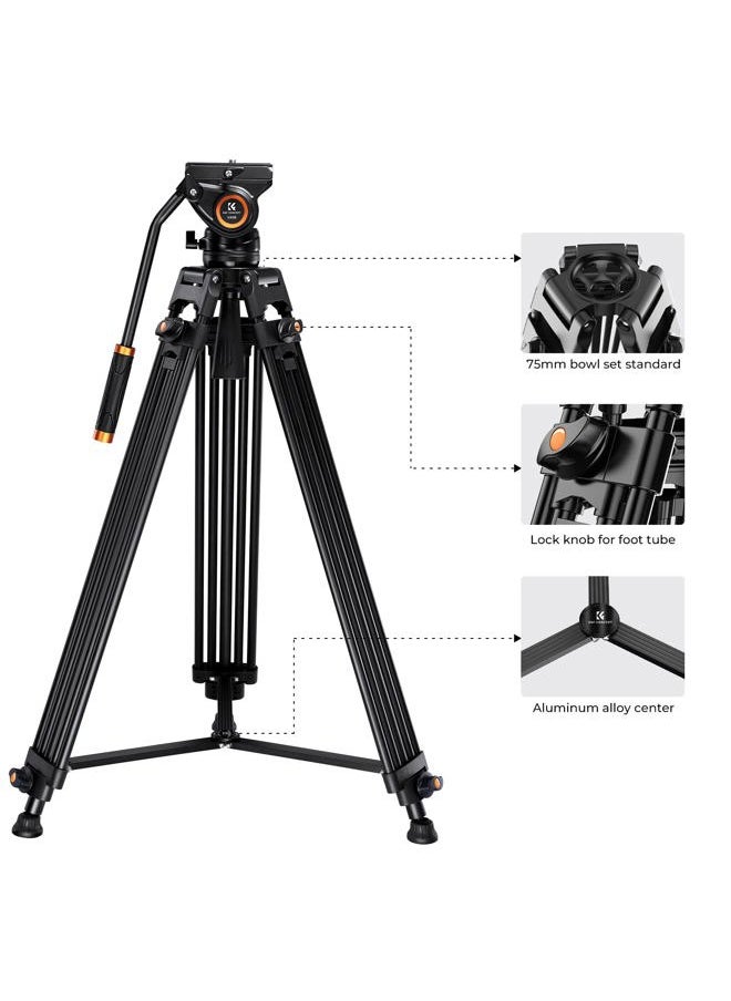 K&F Concept 72-inch Professional Video Tripod, Heavy Duty Aluminum Tube Tripod with Fluid Head Max Loading Capacity 8KG/17.6LBS for DSLR Camcorders Camera VA18+ VH081  - Image 5