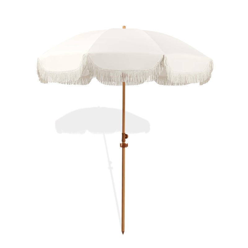 Seazul 6.5ft Patio Umbrella with Fringe, Beach Umbrella, Fringe Umbrella Outdoor Patio with Hanging Hook, Tilting Aluminum Pole, UV 50+, Fiberglass Ribs, Elegant Cream - Image 1