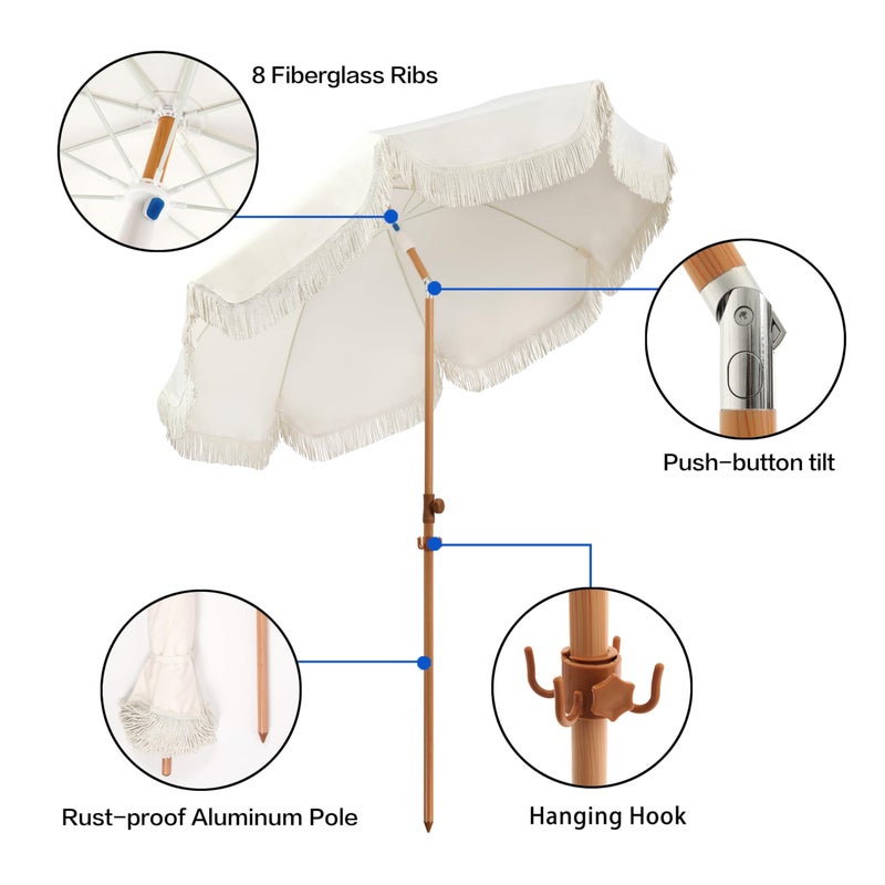 Seazul 6.5ft Patio Umbrella with Fringe, Beach Umbrella, Fringe Umbrella Outdoor Patio with Hanging Hook, Tilting Aluminum Pole, UV 50+, Fiberglass Ribs, Elegant Cream - Image 5