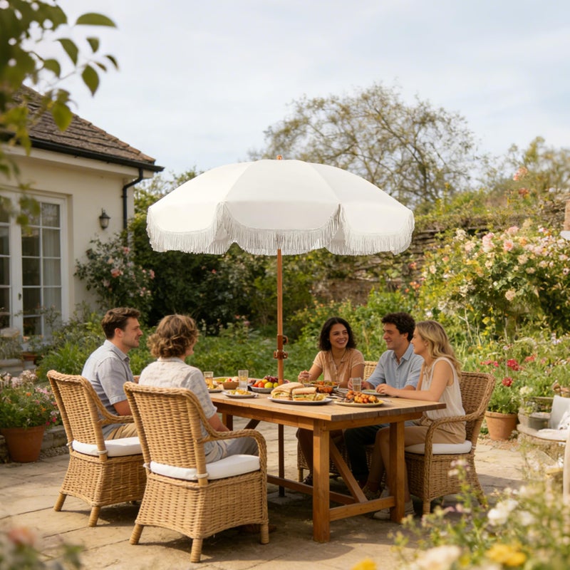 Seazul 6.5ft Patio Umbrella with Fringe, Beach Umbrella, Fringe Umbrella Outdoor Patio with Hanging Hook, Tilting Aluminum Pole, UV 50+, Fiberglass Ribs, Elegant Cream - Image 3
