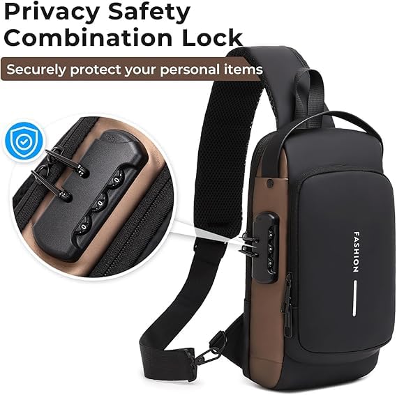 Niwlix Travel Accessories Crossbody Sling Bag for Men & Women, Casual Chest Backpack Shoulder Messenger Passport Bag with USB Charging Port, Waterproof Anti-Theft Black Brown - Image 3