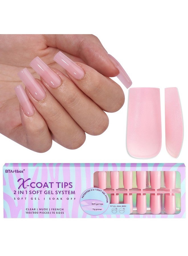 بي تي آرت بوكس أطراف أظافر جل ناعمة من BTArtbox XCOATTIPS - أظافر صناعية طويلة مربعة الشكل بلون وردي طبيعي مع غطاء أساسي للأطراف، أظافر صناعية كاملة التغطية بخطوة واحدة لأظافر صناعية من الجل لفن تمديد الأظافر - Image 1
