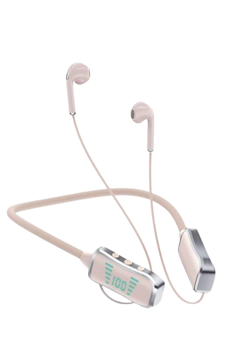 Oumi OM01 Bluetooth Neckband Earphones –  40H Playtime, 380 Days Standby, LED Display, TF Card Slot, Multifunction Button Control, Wireless Stereo Headset – Beige - Image 1