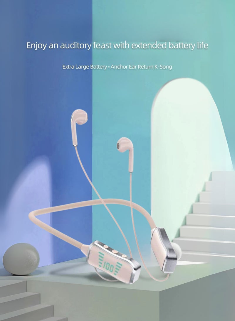 Oumi OM01 Bluetooth Neckband Earphones –  40H Playtime, 380 Days Standby, LED Display, TF Card Slot, Multifunction Button Control, Wireless Stereo Headset – Beige - Image 3