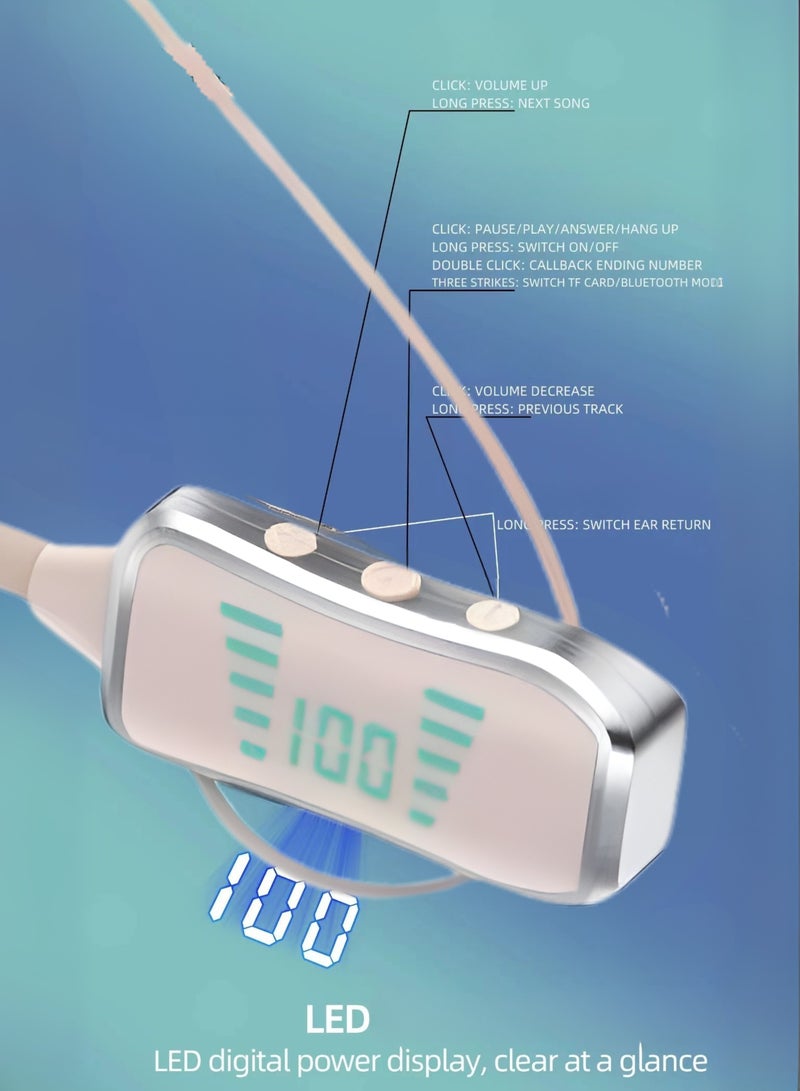 Oumi OM01 Bluetooth Neckband Earphones –  40H Playtime, 380 Days Standby, LED Display, TF Card Slot, Multifunction Button Control, Wireless Stereo Headset – Beige - Image 2