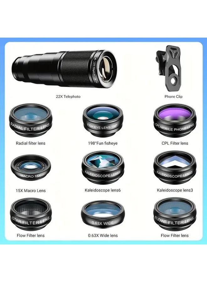 Apexel 10 In 1 Smartphone Lens Kit Black 22X Telephoto 198 Fisheye Wide Angle Macro - Image 5