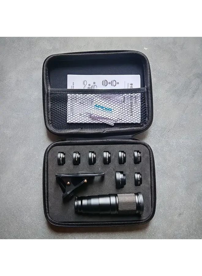 Apexel 10 In 1 Smartphone Lens Kit Black 22X Telephoto 198 Fisheye Wide Angle Macro - Image 1