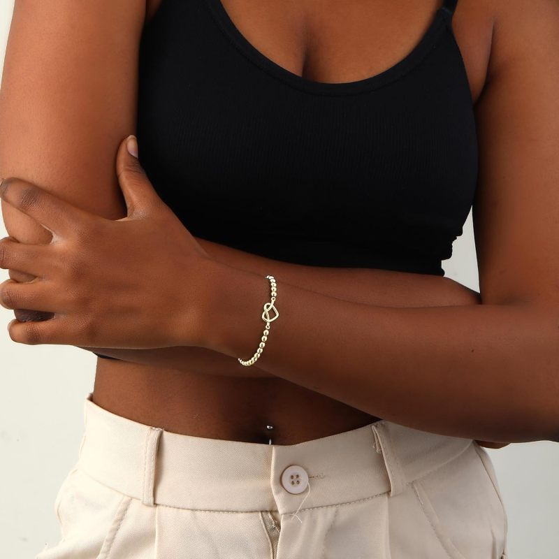 Gold Bracelets For Women 6.9-Inch 14K Gold Plated Stretch Bead Bracelet - Hypoallergenic Handmade Love Knot Charm Bracelet For Daily Wear - Image 4