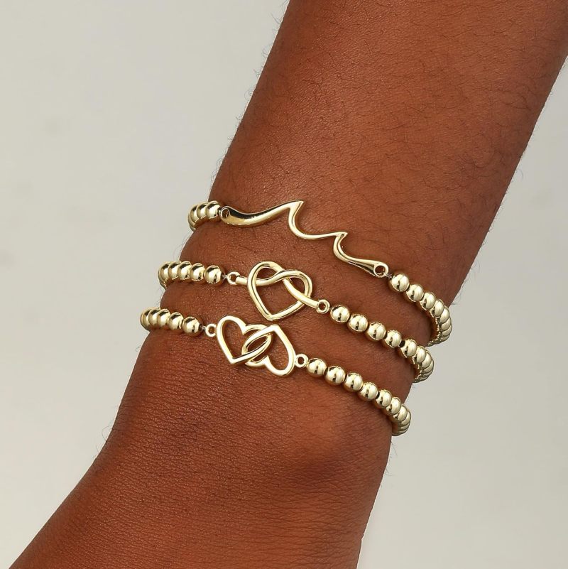 Gold Bracelets For Women 6.9-Inch 14K Gold Plated Stretch Bead Bracelet - Hypoallergenic Handmade Love Knot Charm Bracelet For Daily Wear - Image 5