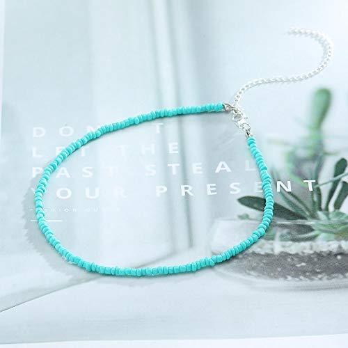 Yalice Boho Choker Necklace Chain Rice Beaded Necklaces Summer Surfer Costume Neck Accessories for Women (Turquoise) - Image 2