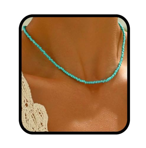 Yalice Boho Choker Necklace Chain Rice Beaded Necklaces Summer Surfer Costume Neck Accessories for Women (Turquoise) - Image 1