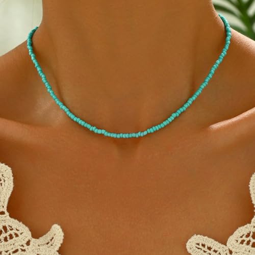 Yalice Boho Choker Necklace Chain Rice Beaded Necklaces Summer Surfer Costume Neck Accessories for Women (Turquoise) - Image 3