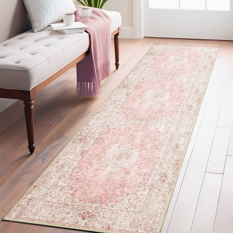 Castage Washable Runner Rug 2x8 Pink Rug Runners Non Slip Long Boho Rugs for Hallways Kitchen Bedroom Entryway Living Room Bathroom Vintage Bohemian Distressed Floor Carpet Blush - Image 1
