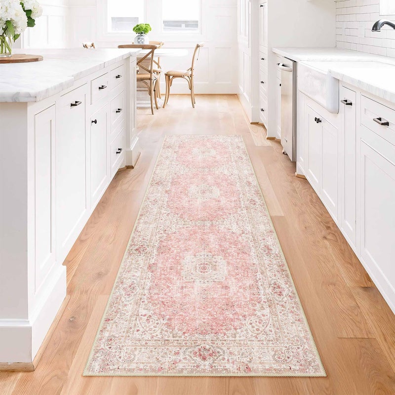 Castage Washable Runner Rug 2x8 Pink Rug Runners Non Slip Long Boho Rugs for Hallways Kitchen Bedroom Entryway Living Room Bathroom Vintage Bohemian Distressed Floor Carpet Blush - Image 2