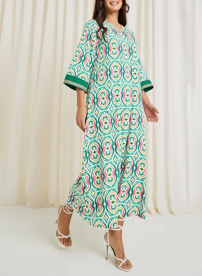Styli All Over Print V Neck Jalabiya